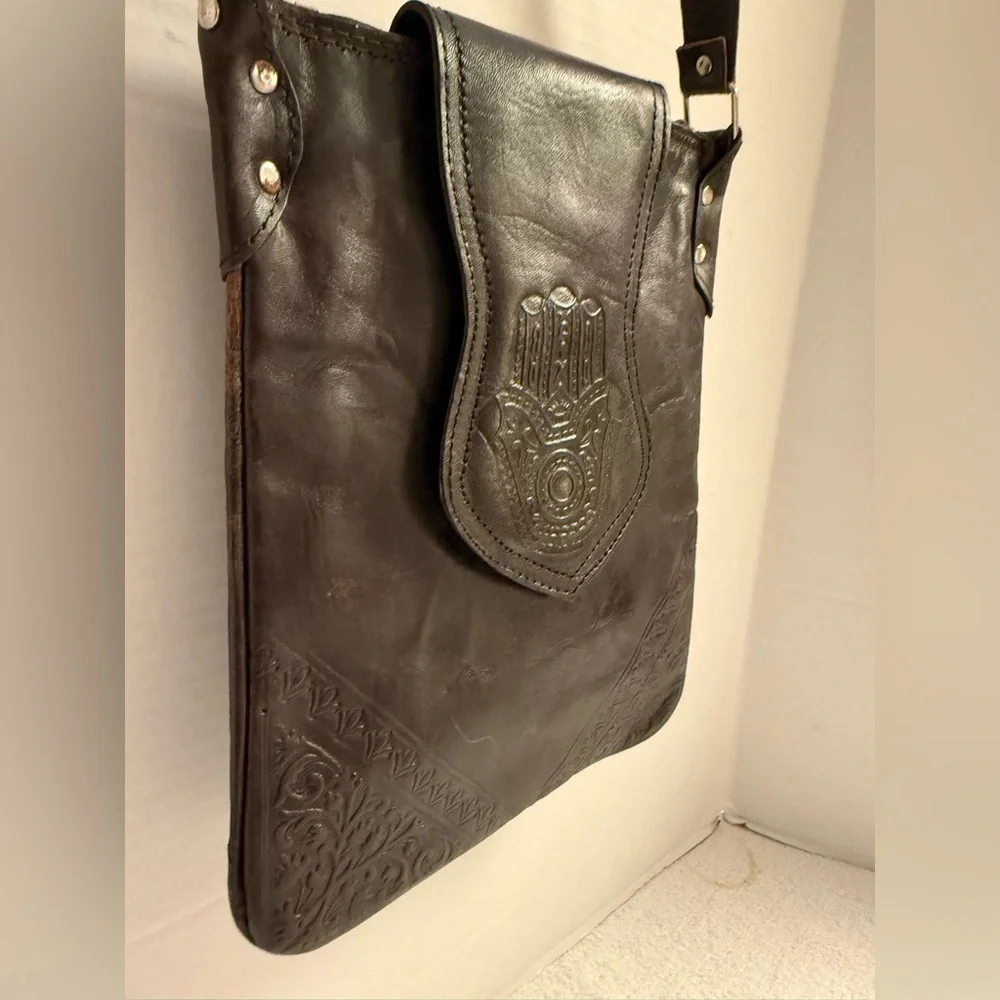 Moroccan Hand-Tooled Leather Crossbody Satchel Hamsa Hand Boho Bag - Picture 8 of 10